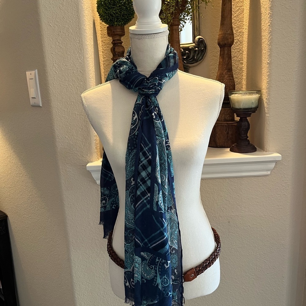 Talbots Teal and Navy White Paisley and Plaid Pattern Blue Tones Lightweight - Picture 10 of 10